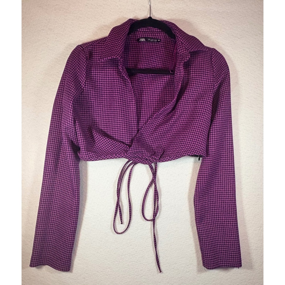 ZARA Purple Black Houndstooth‎ Cropped Tie Front Long Sleeve Top S